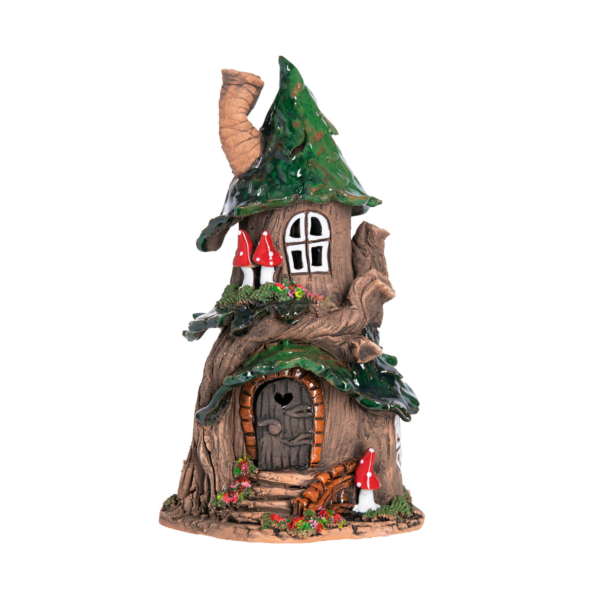 This charming two-story fairy house is crafted entirely by hand in an artisan ceramics studio in Lithuania. Place a tea-light or cone incense inside the opening at the back, and the light will glow through the windows, and the smoke will gently swirl out of the artfully crooked chimney.  8&quot; x 4&quot;.