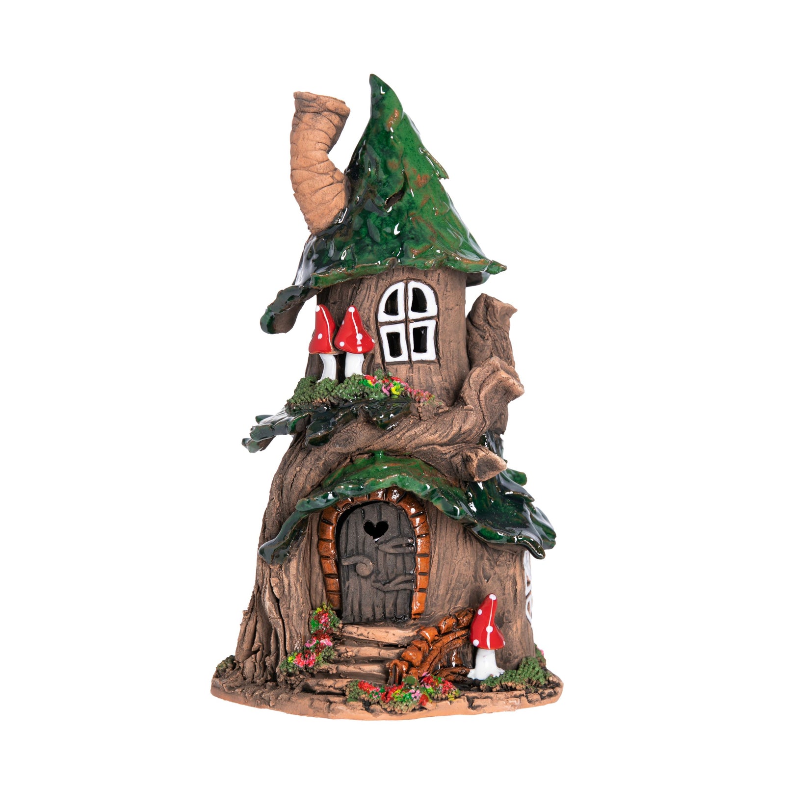 This charming two-story fairy house is crafted entirely by hand in an artisan ceramics studio in Lithuania. Place a tea-light or cone incense inside the opening at the back, and the light will glow through the windows, and the smoke will gently swirl out of the artfully crooked chimney.  8" x 4".