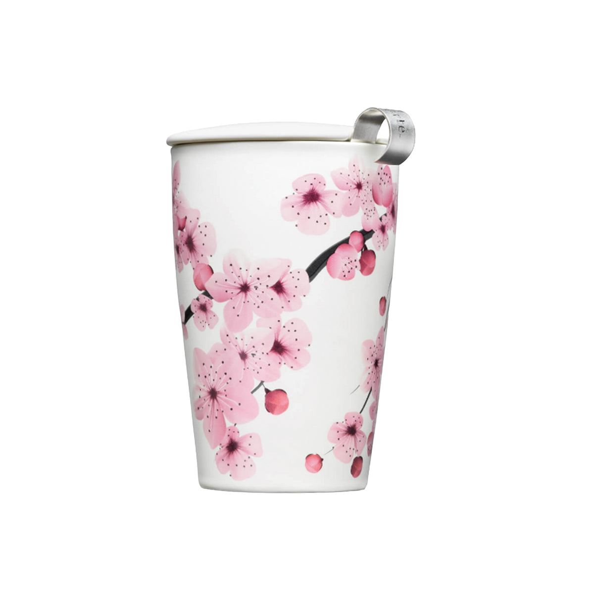 Ceramic cup with lid and built in tea strainer with a pink cherry blossom design on a white background.