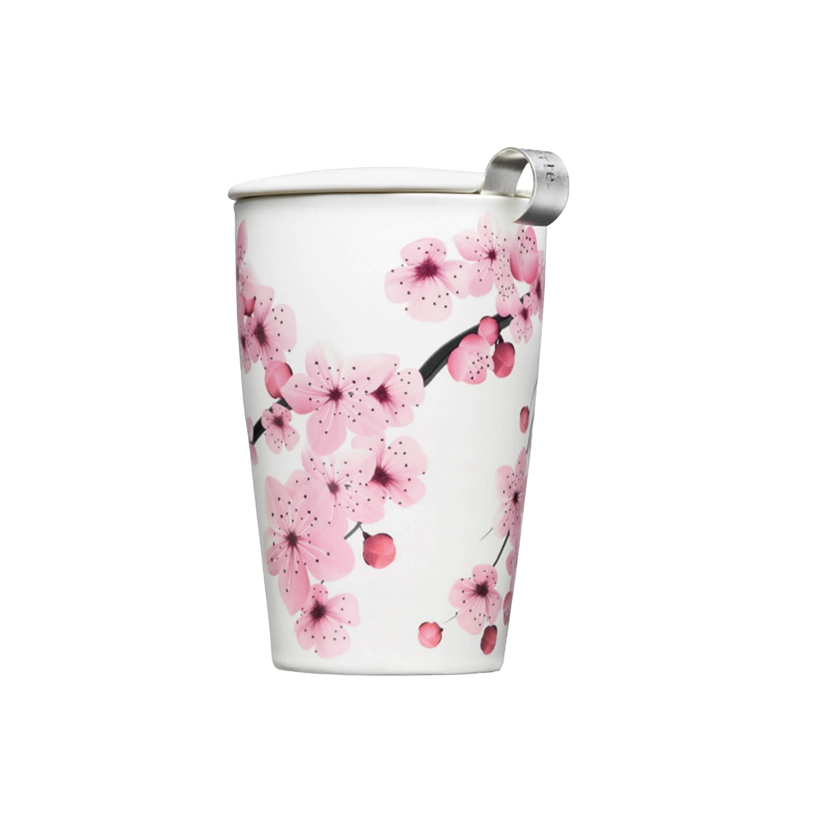 Ceramic cup with lid and built in tea strainer with a pink cherry blossom design on a white background.