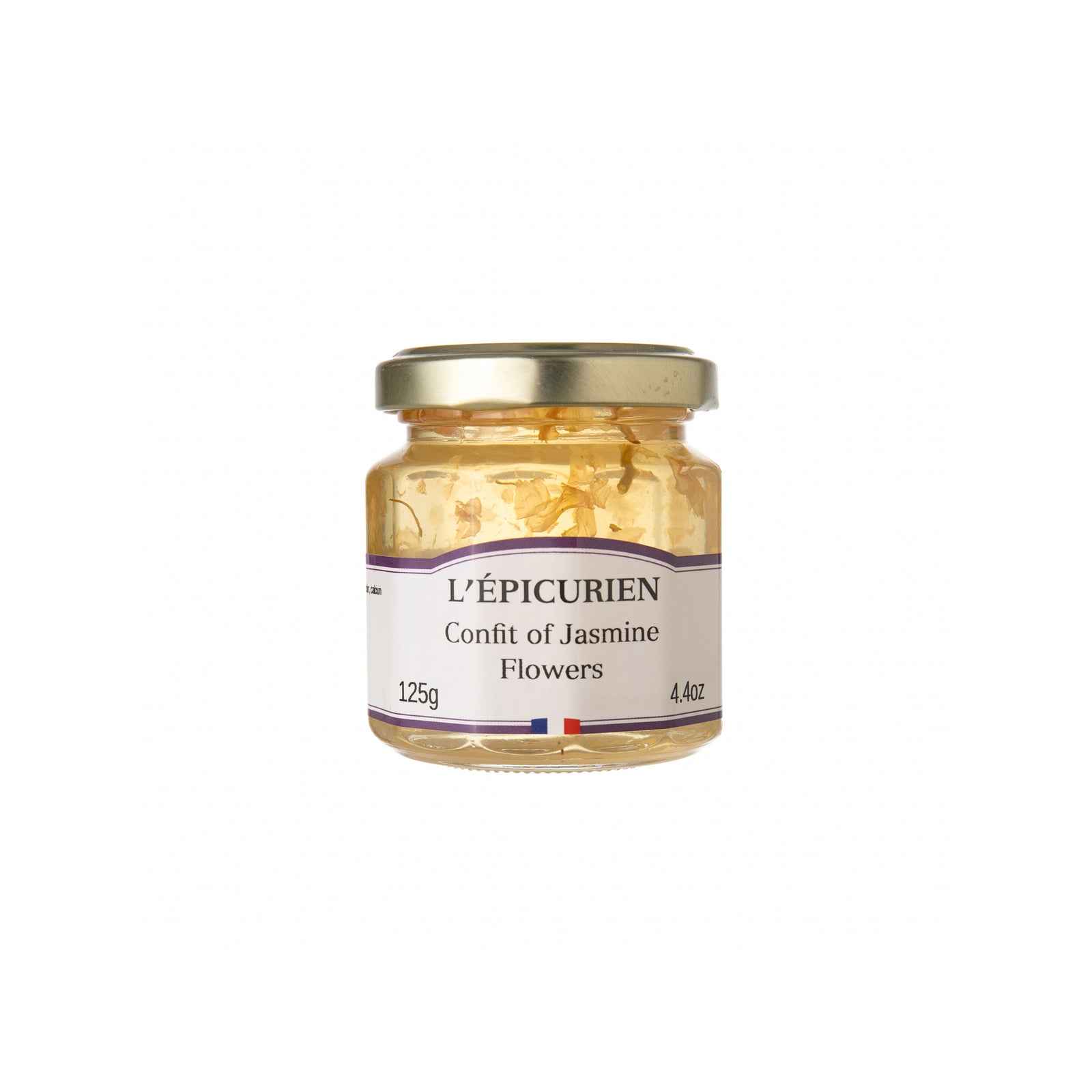 Jar of L'Epicurien Confit of Jasmine Flowers on a white background