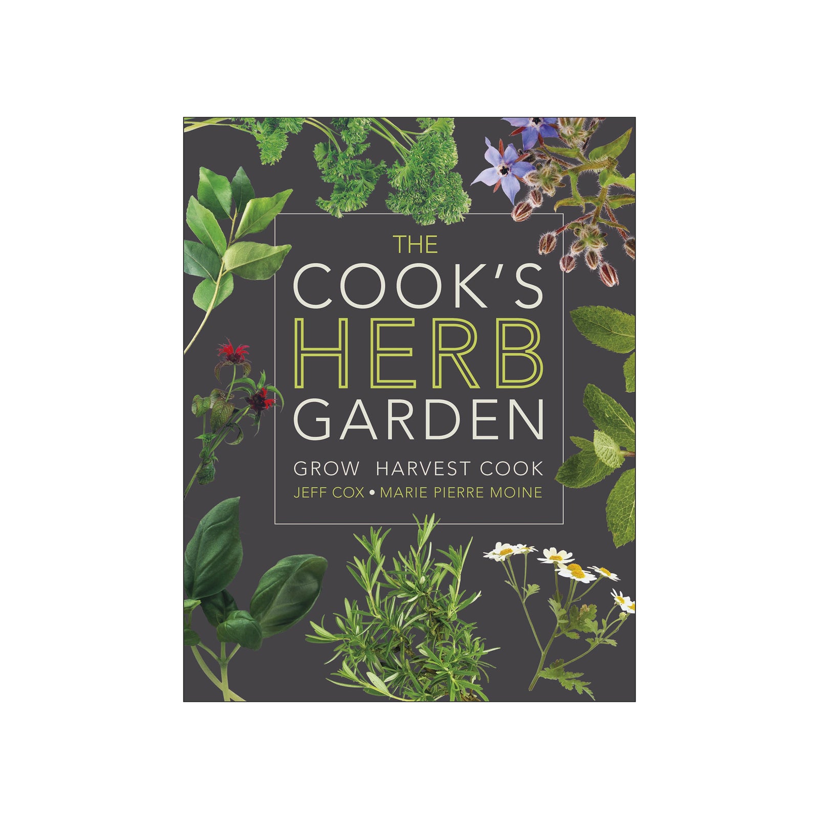 The Cook's Herb Garden cookbook cover by Jeff Cox and Marie Pierre Moine, featuring a dark gray background adorned with illustrations of various green herbs, leaves, and small purple and white flowers. The title is displayed in large white and yellow-green text in the center.