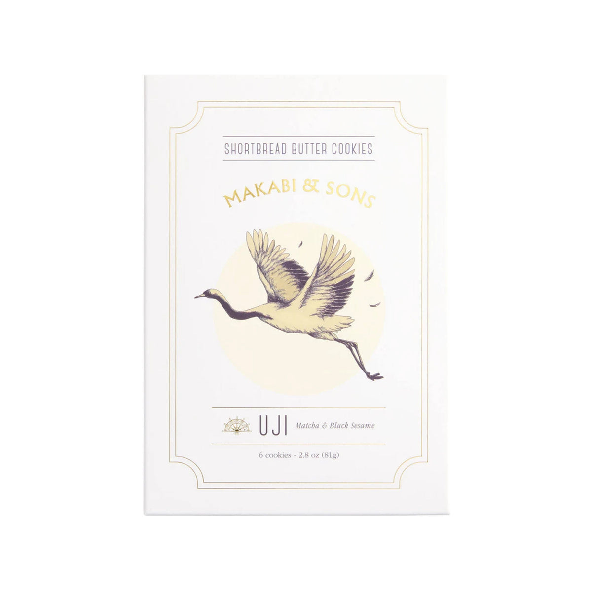A package of Makabi & Sons UJI Shortbread Butter Cookies, featuring a cream-colored box with a vintage illustration of a flying crane and gold and gray text.