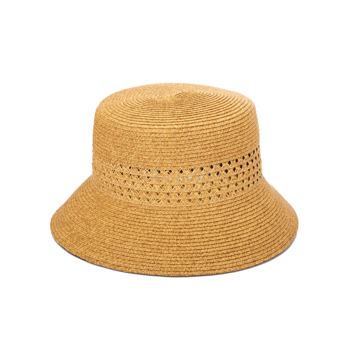 Yellow straw bucket hat on a white background