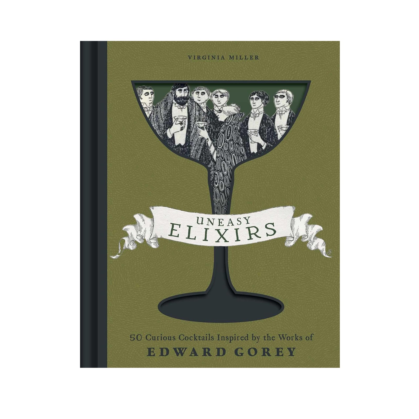 Book cover of 'Uneasy Elixirs' with illustration of a cocktail glass and faces inside on a green background.