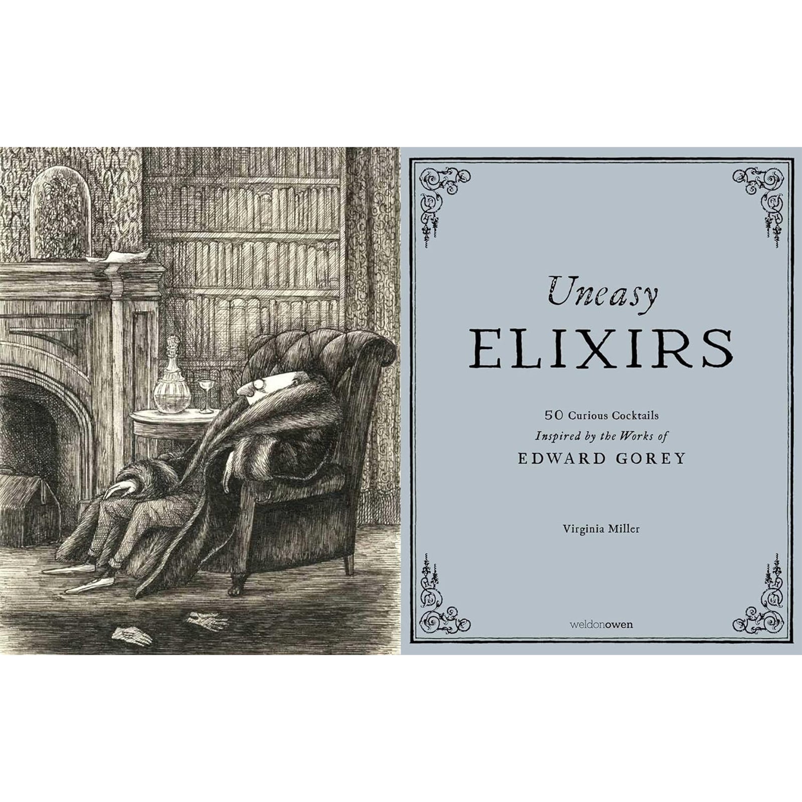 Book cover of 'Uneasy Elixirs' with illustration of a cocktail glass and faces inside on a green background.