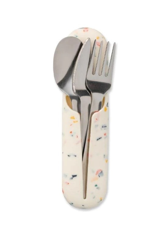 Put a fork in single-use waste with this sleek set of stainless steel silverware, housed in an attractive silicone case. The sturdy fork, sharp knife, and rounded spoon make every meal feel special, whether you’re camping, traveling, or working. Dishwasher Safe. Reusable. Dimensions: 7.5 x 2 x 0.5 inches.