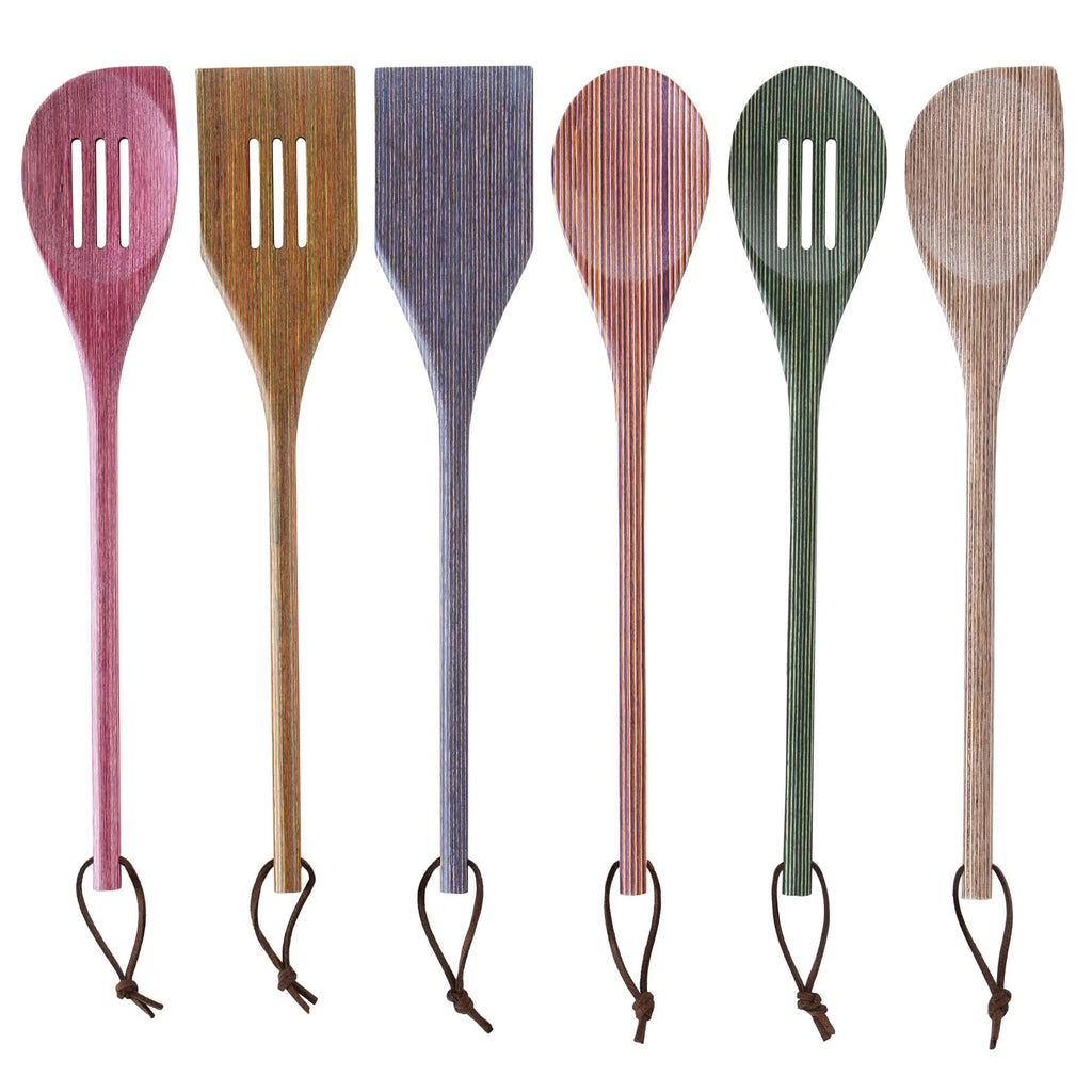 Add a splash of color to your kitchen with this striking 6-Piece Wooden Cooking Utensil Set. This utensil set is masterfully crafted from layers of colored birch wood to create an eye-catching pinstriped pattern. Set contains 6 birch wood utensils in a presentation box Each utensil measures approx: 12" x 2.5" .