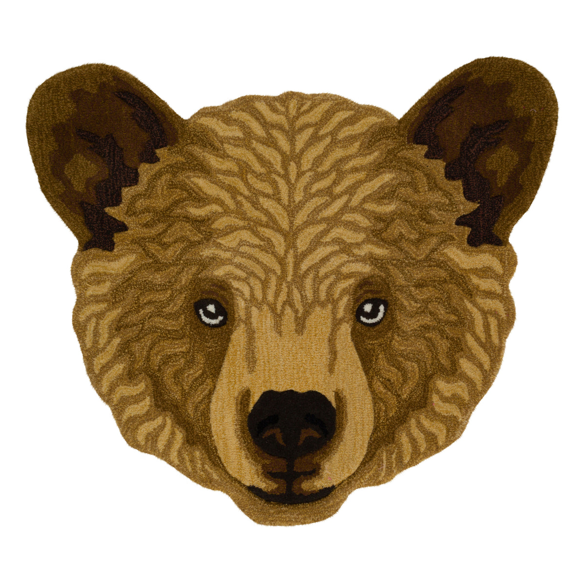 A brown bear head wool rug  on a plain white background, with detailed fur texture and dark eyes and nose.