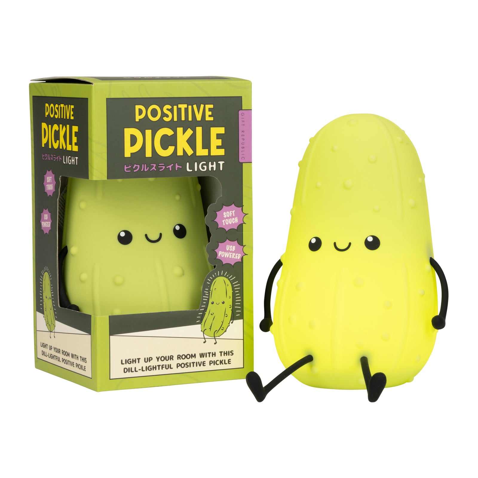 A packaged novelty light shaped like a pickle, shown in its retail box on a plain white background. The box reads 'POSITIVE PICKLE' and 'LIGHT UP YOUR ROOM WITH THIS DILLL-LIGHTFUL POSITIVE PICKLE.