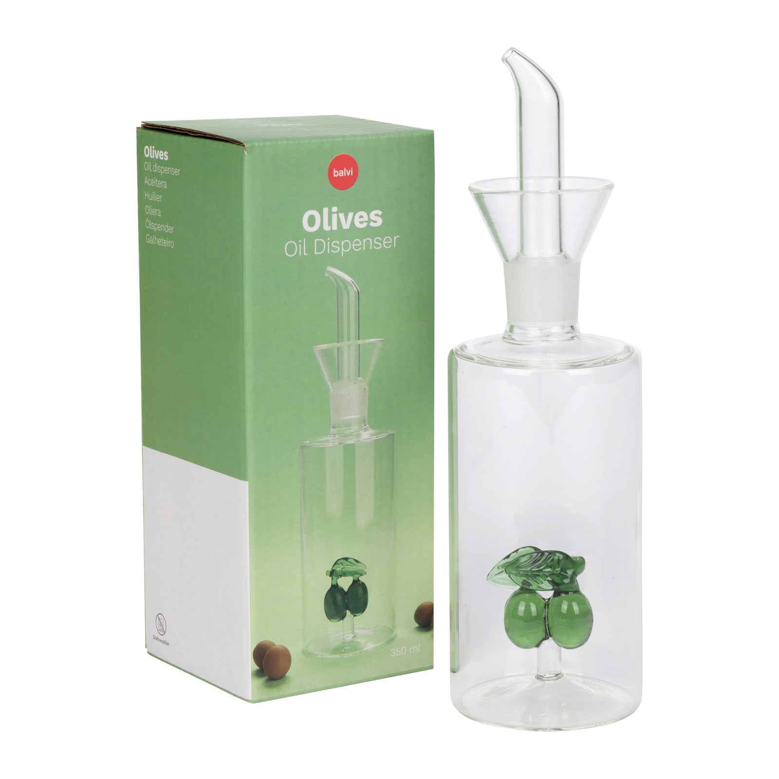 A clear glass bottle with a curved glass pour spout and a small green glass olives decoration near the bottom, shown on a plain white background.