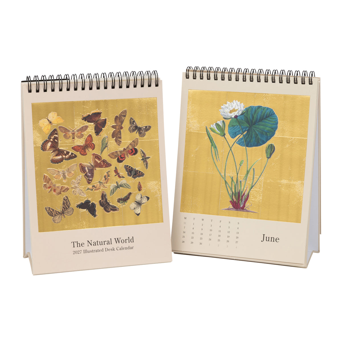 Two spiral-bound desk calendars shown on a white background. One calendar displays a page with illustrated butterflies on a gold-toned background, and the other shows a June page with a lily pond illustration and a small monthly calendar grid at the bottom.