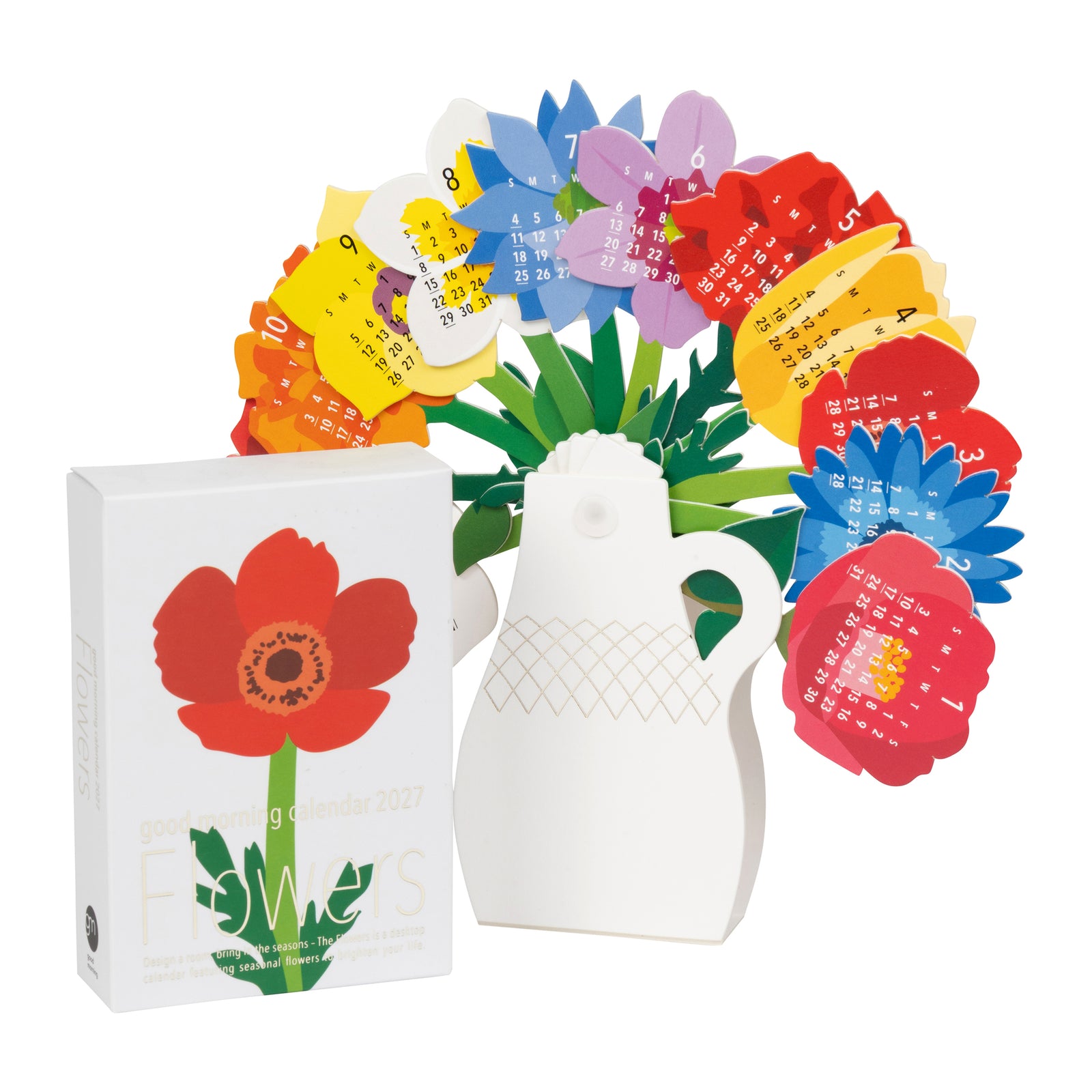 A colorful paper flower bouquet 2027 desk calendar with layered petals in red, pink, blue, yellow, and white, arranged in a white ceramic-style vase on a plain white background.
