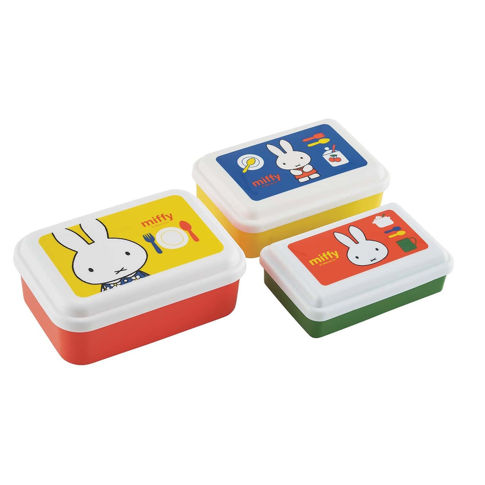 This set of three Miffy rectangular containers includes dome-shaped lids, which allow for more generous meal packing. The containers nest together for compact and easy storage. They are microwave-safe when the lid is removed, making them ideal for use as lunch boxes, food storage, or organizers for small items.