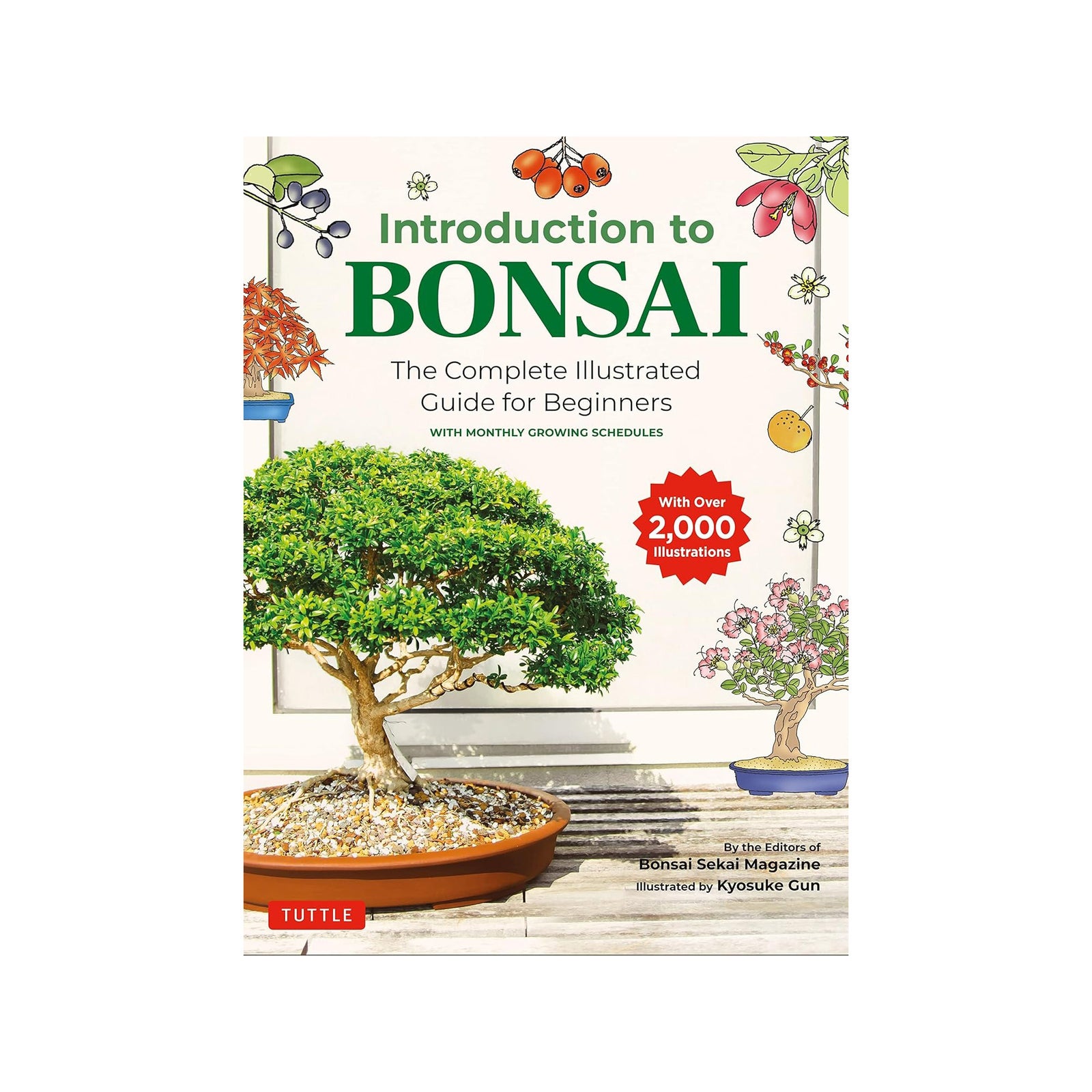 Book cover of 'Introduction to Bonsai: The Complete Illustrated Guide for Beginners' featuring a colorful illustration of various bonsai trees in pots along with descriptive text.