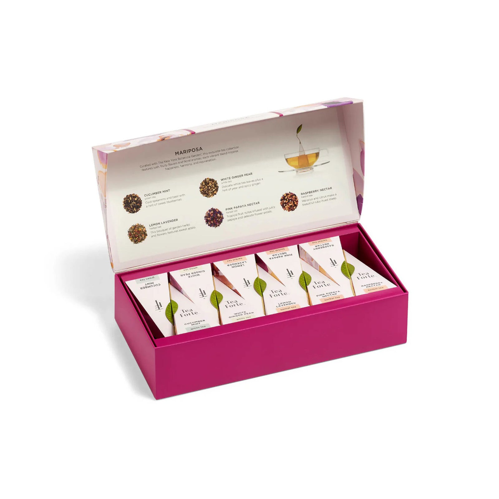 This exquisite tea collection features lush, fruity flavors and floral aromas; each vibrant blend inspires happiness, harmony, and rejuvenation.