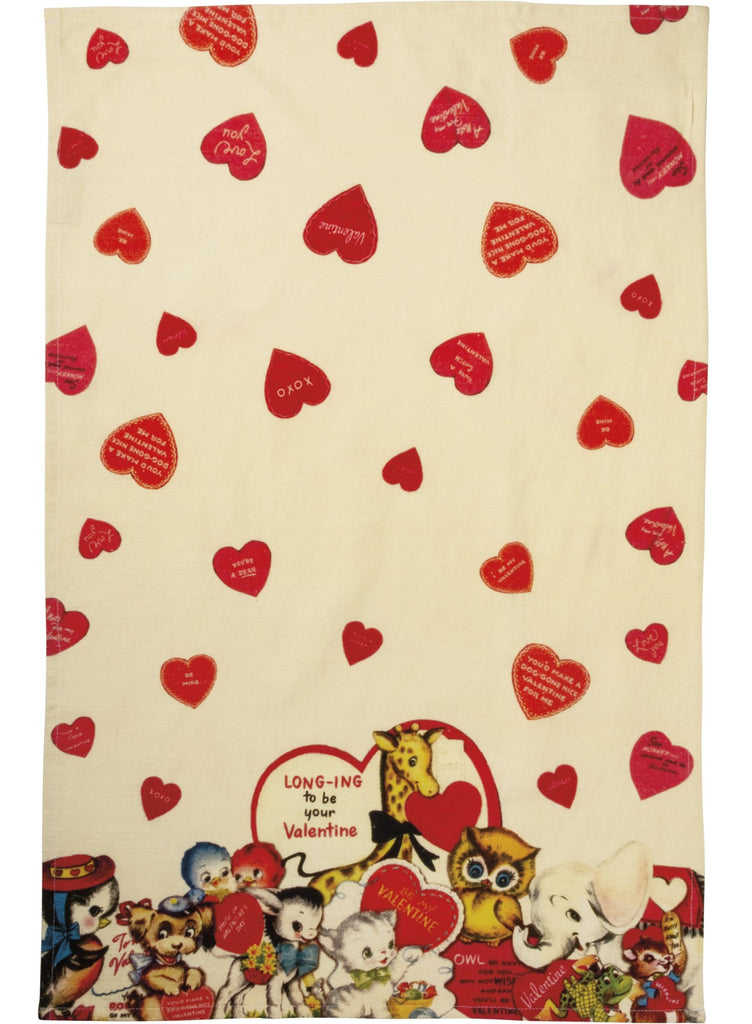 This love-ely tea towel features artwork from vintage valentines and is sure to add a splash of romance to any kitchen. Features a cotton tape loop in the corner for easy hanging. Machine-washable. 100% cotton. Size: 19" x 28".