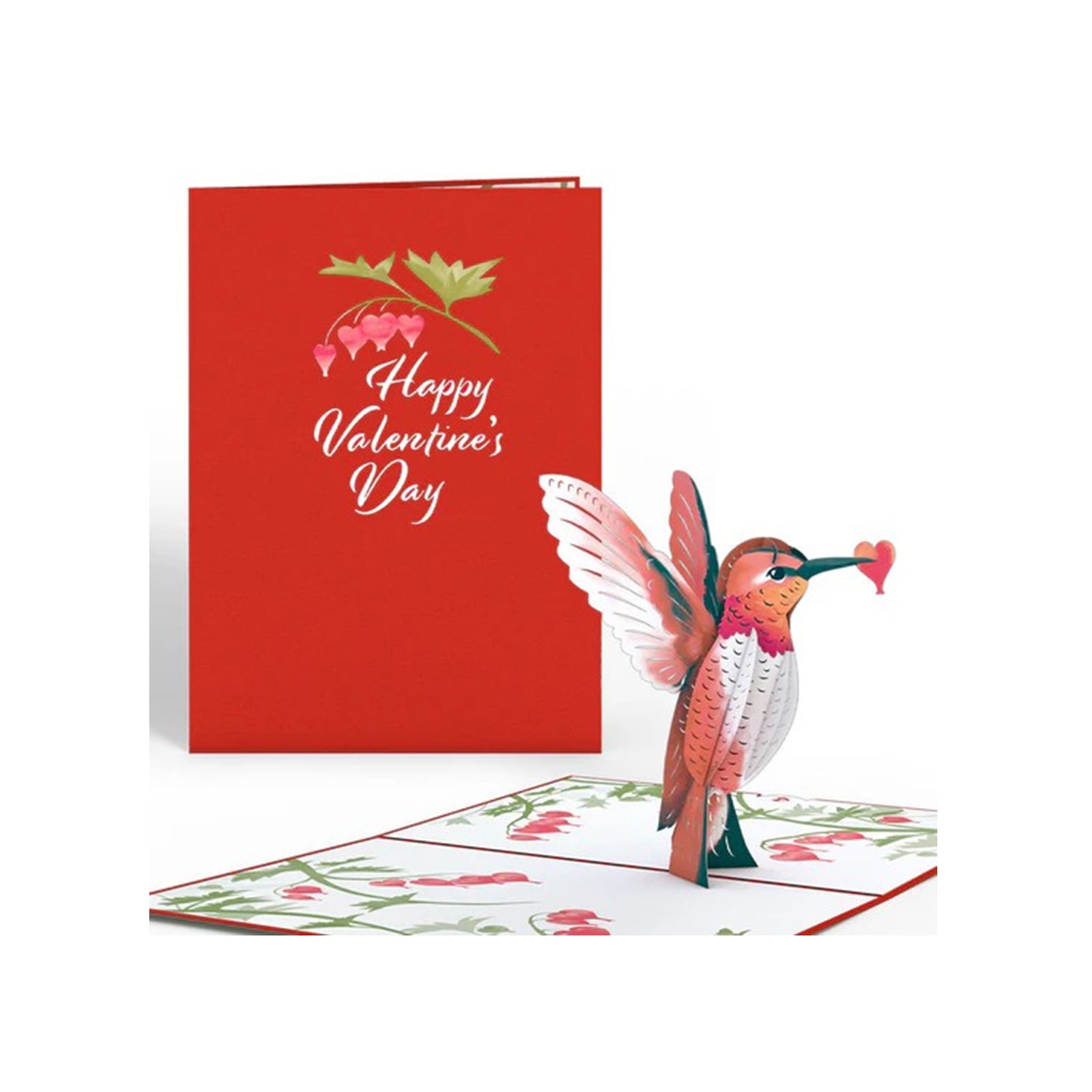 Valentine's Day card with a pop-up hummingbird on a white background