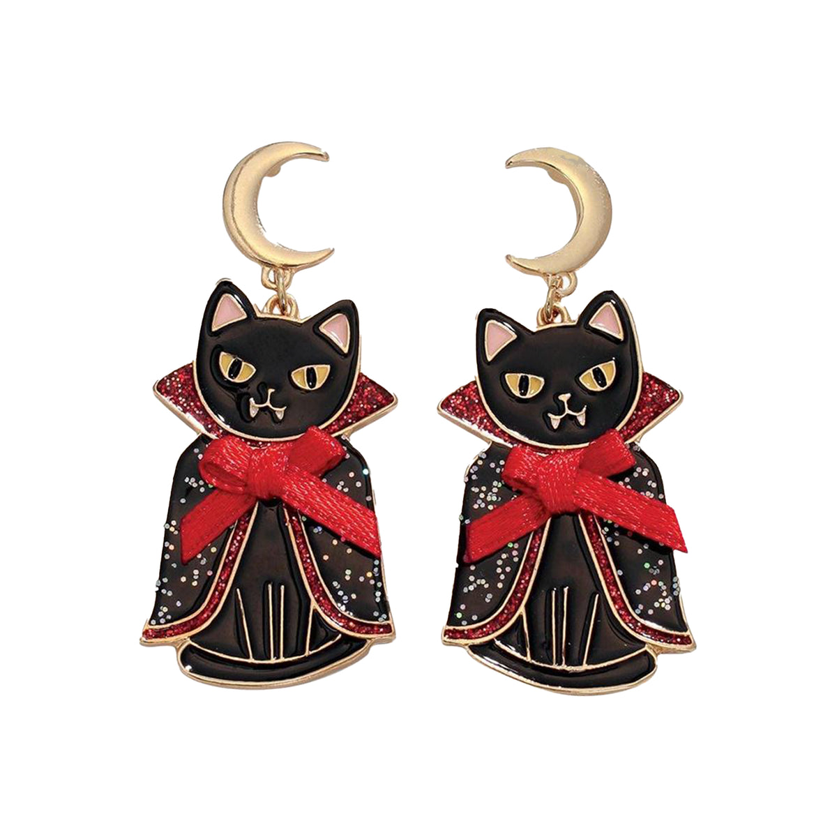 Black cat earrings with red bows and gold accents on a white background