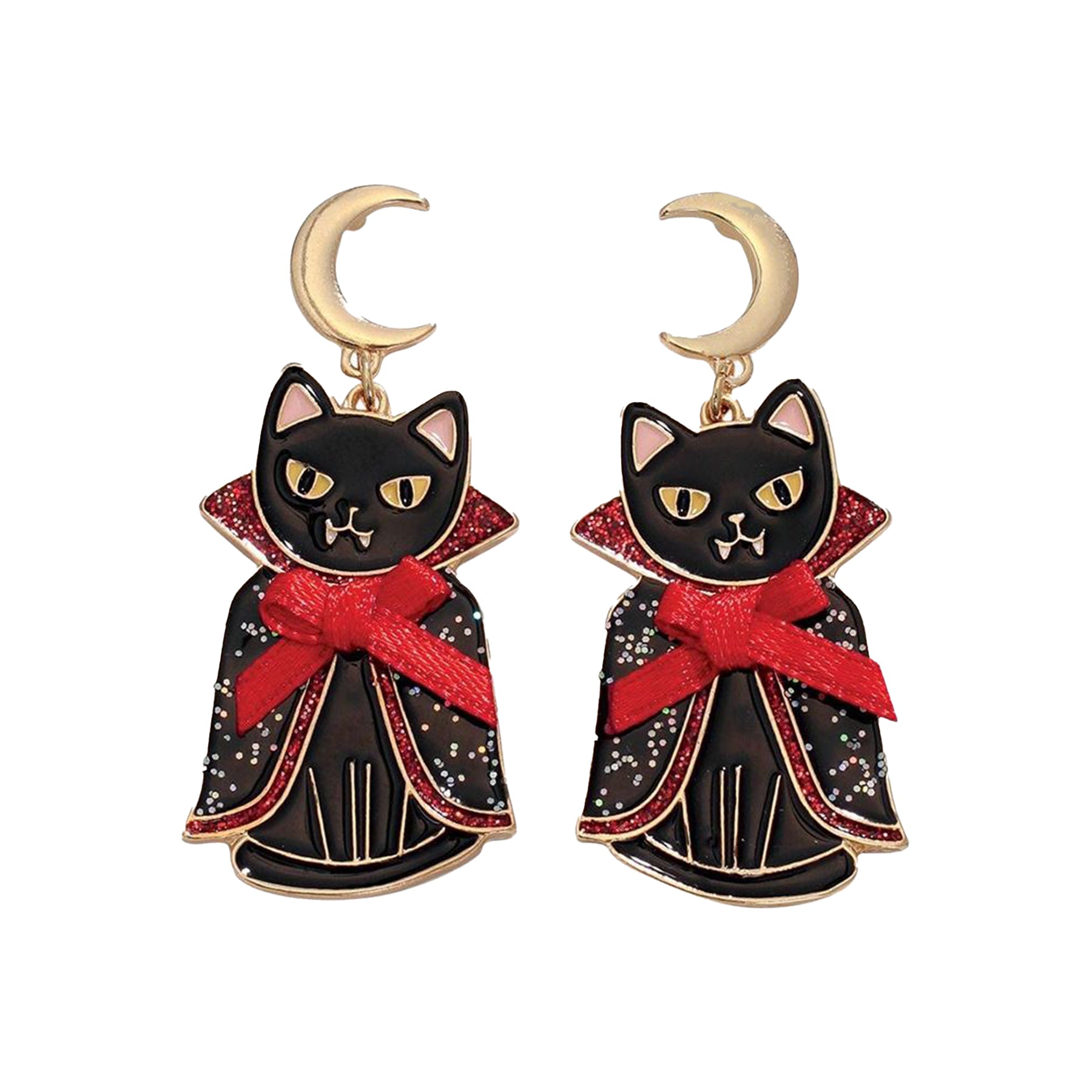 Black cat earrings with red bows and gold accents on a white background