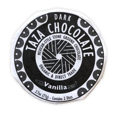 Stone ground, organic Mexican-style dark chocolate discs with fragrant vanilla bean. Experience chocolate with true grit! Two delicious chocolate discs in each package, perfect for sharing. It is also dairy free, soy free, and vegan. 2.7 oz.
