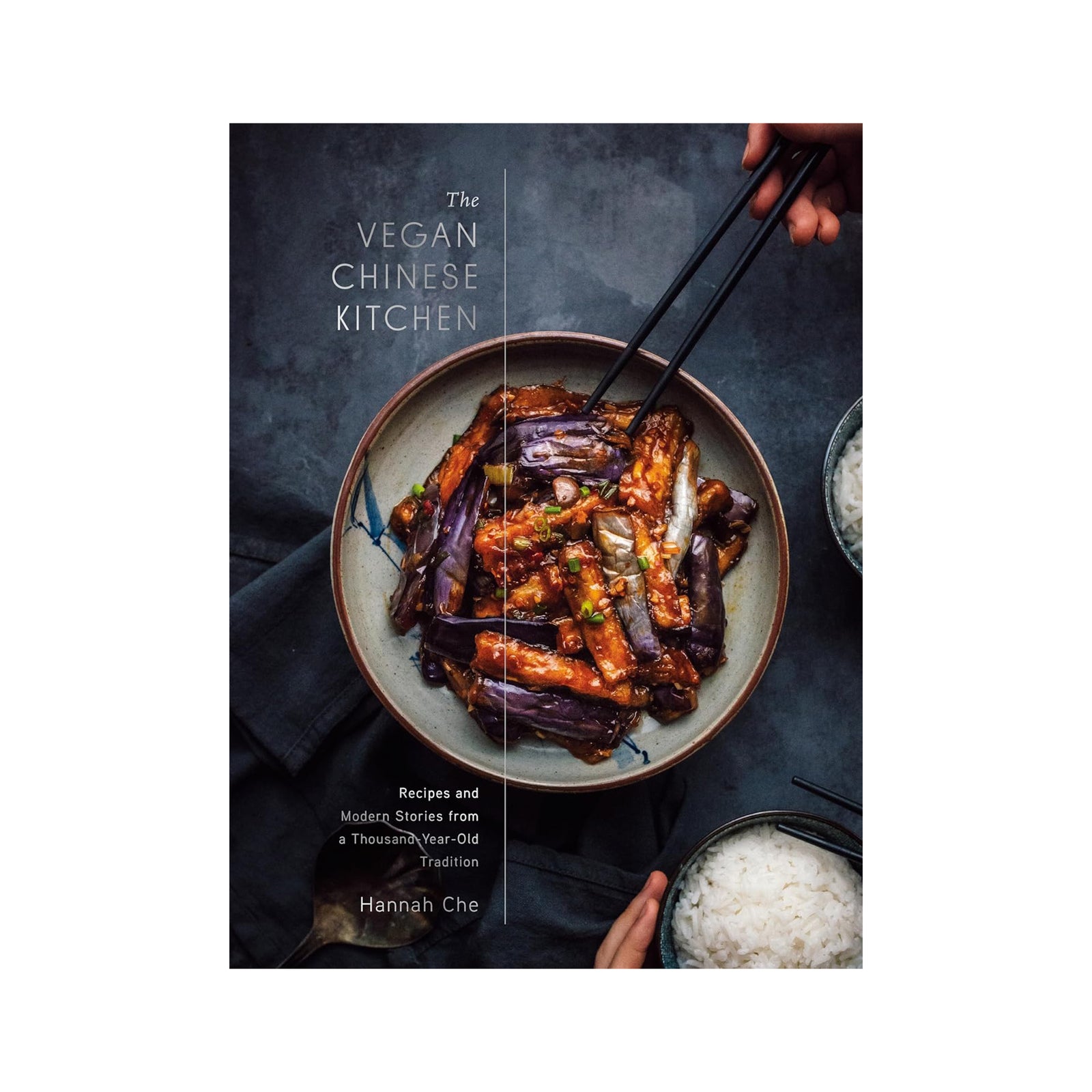 Book cover of 'The Vegan Chinese Kitchen' with a dish of stir-fried eggplant and vegetables.
