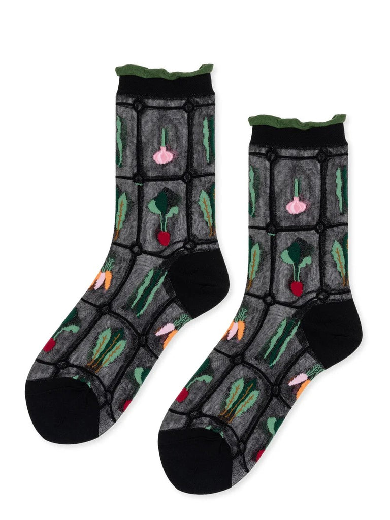 These adorable sheer crew socks have little root vegetables (or “yachae” in Korean) placed all over them. Don’t forget to eat your veggies…and wear them too! Made in Japan, this top-notch pair has a super high needle count for detailing and a hand-closed toe for extra comfort.  Women's US size 6 - 9.5. Made in Japan.