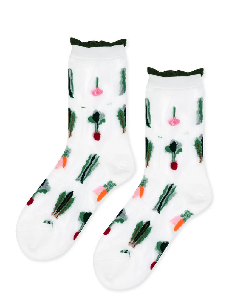 These adorable sheer crew socks have little root vegetables (or “yachae” in Korean) placed all over them. Don’t forget to eat your veggies…and wear them too! Made in Japan, this top-notch pair has a super high needle count for detailing and a hand-closed toe for extra comfort. Size: Recommended Women's US size 6 - 9.5.