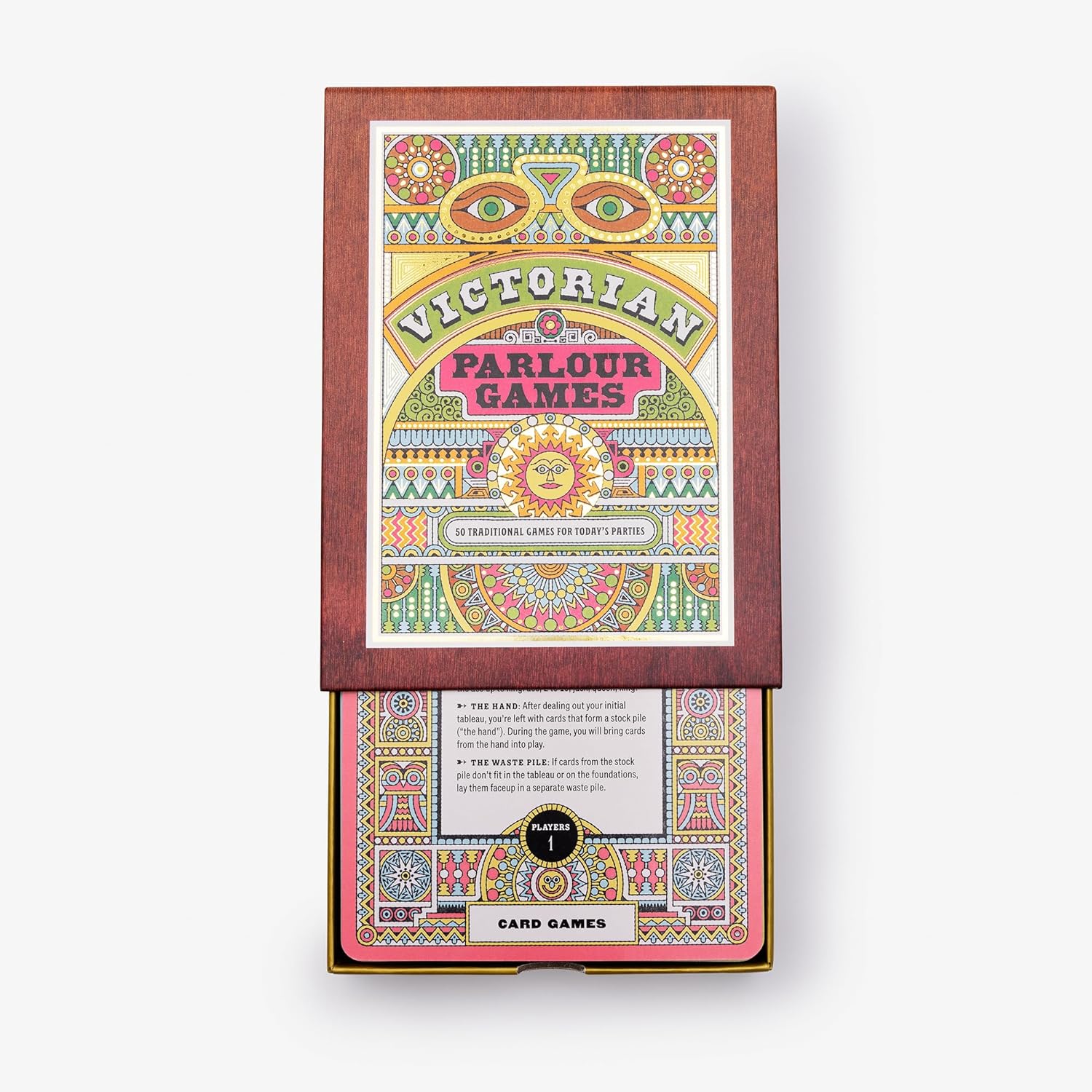 Have a seat in the parlour and spend a rollicking evening with this elegant box of 50 Victorian-era entertainments. Deal yourself in for a good time as you choose from a selection of games enjoyed in many a Victorian parlour. Compendium of 50 Victorian-era card games. Box dimensions: 7" x 5.5" x 1.5".