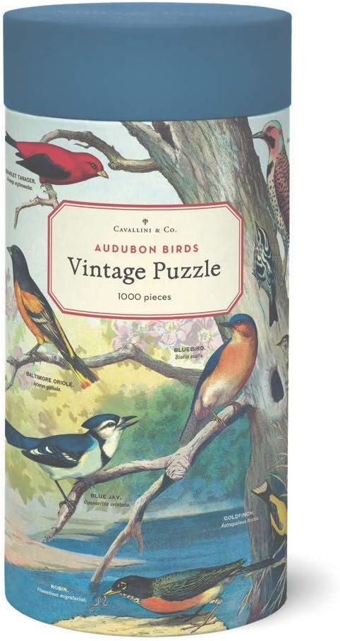 This beautiful 1,000-piece puzzle features a flock of Audubon-inspired vintage bird images. This high-quality puzzle is housed in a tubular box, and also includes a miniature poster guide and muslin fabric drawstring bag to keep the puzzle pieces tidied away safely. 1,000-piece puzzle. Finished size: 20" x 28".