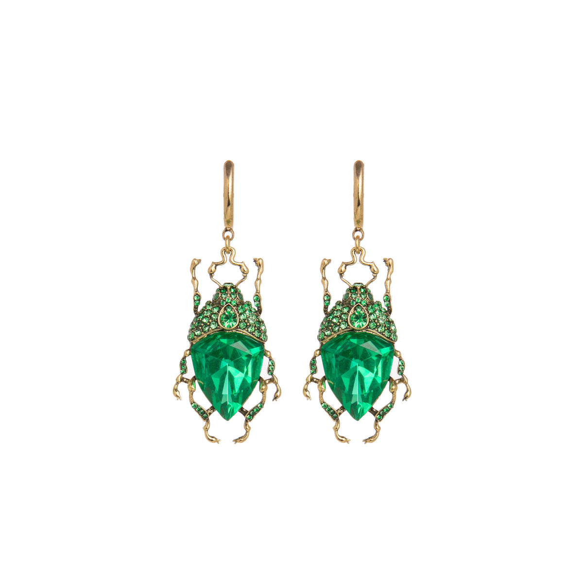 Pair of green gemstone bug earrings with gold accents on a white background