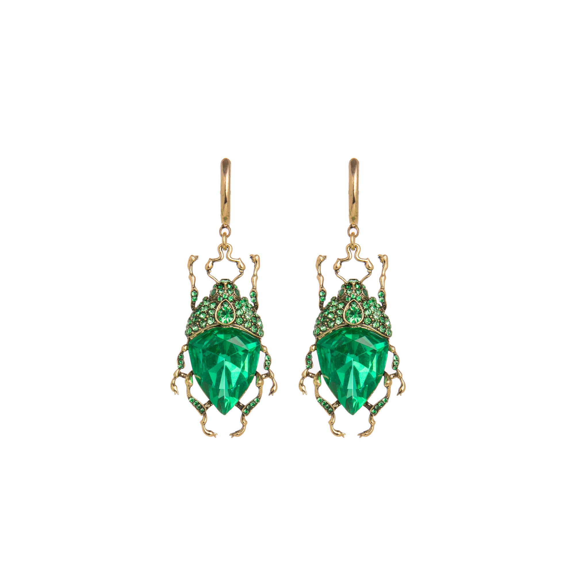Pair of green gemstone bug earrings with gold accents on a white background