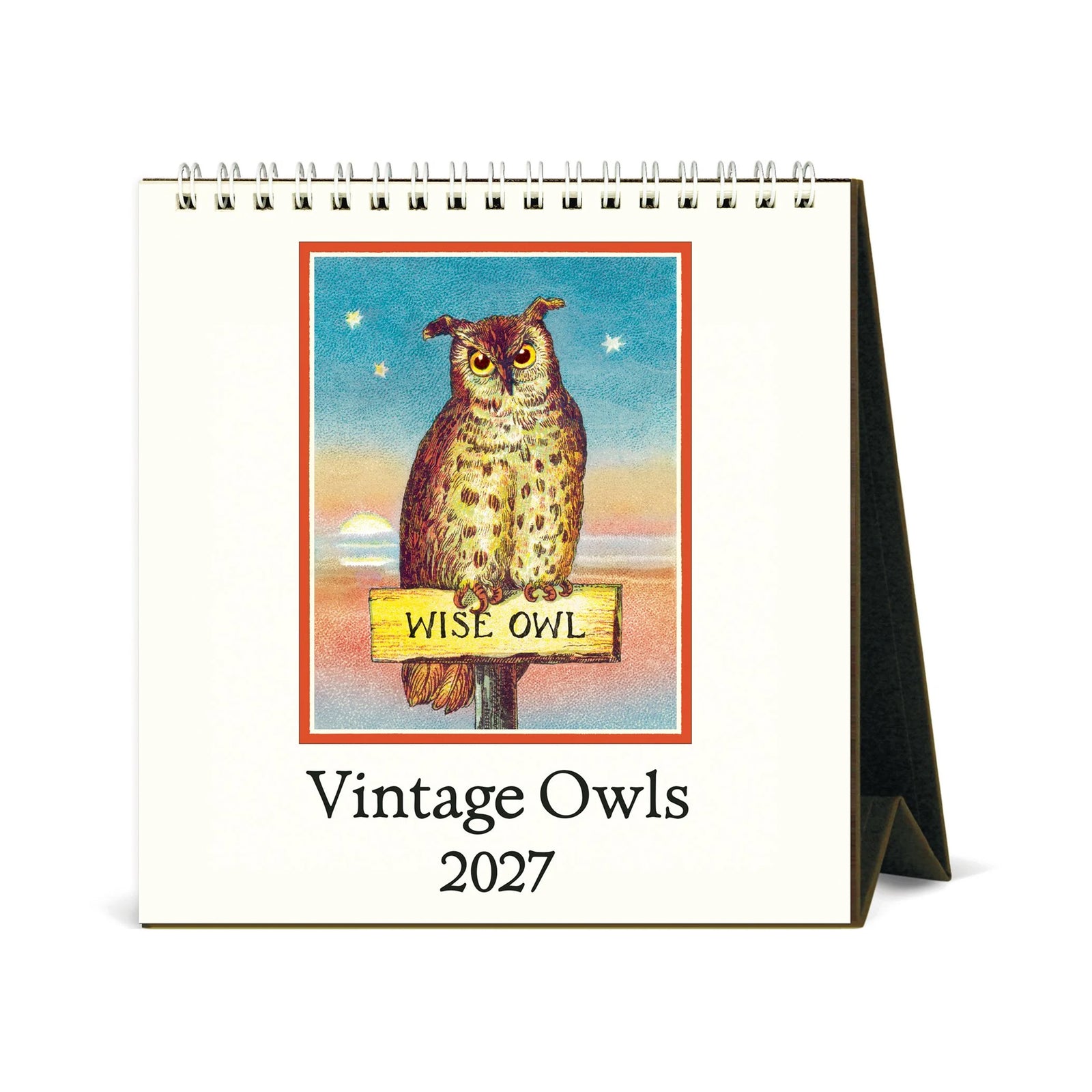 Vintage-style owl calendar page for 2027, showing a large illustrated owl perched on a sign that reads 'WISE OWL' against a blue and peach sky. The page is cream-colored with black text reading 'Vintage Owls 2027,' and the calendar is shown standing on its black side frame.