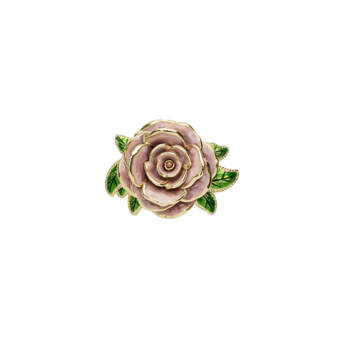 Pink enamel and gold plated rose pin brooch on a white background