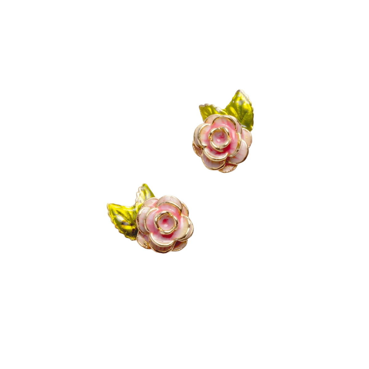 Pink enameled rose stud earrings with green leaves on a white background.