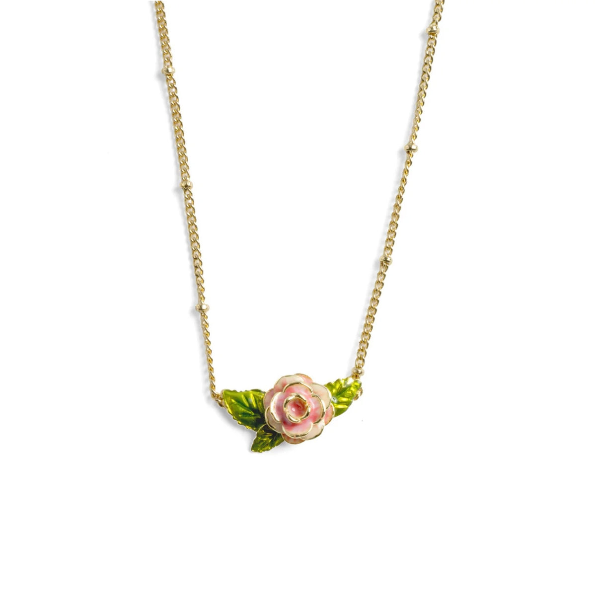 Gold plated necklace with a pink enamel rose pendant with green leaves on a white background.