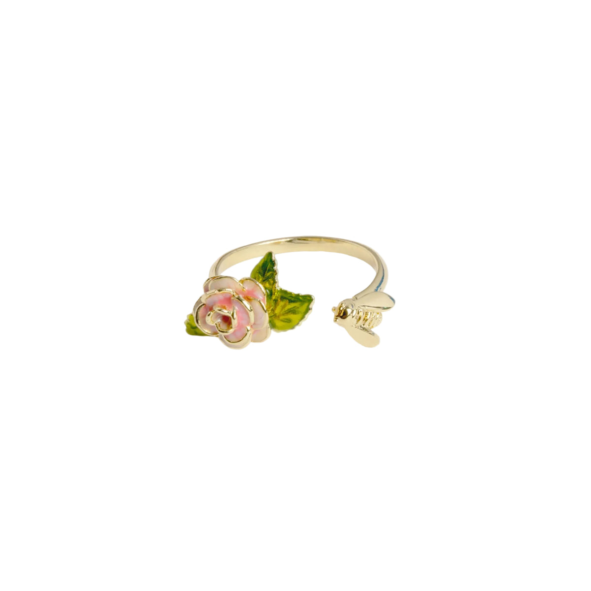 Ring featuring a pink enameled rose and gold bee on a white background.