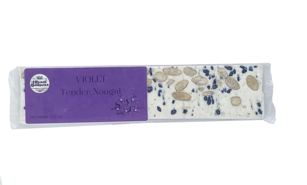 The Jonquier family have been making sweet treats in Ollioules in the South of France since 1885. This delicious violet nougat is made to their original family recipe, handed down through the generations. Sweet, soft, and filled with delicious almonds and decadent violet chips. 4.40z. Made in France.