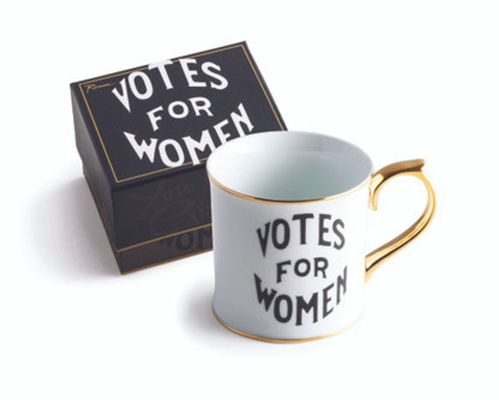 Votes for Women porcelain mug. In 1848, a group of outspoken women gathered for the first ever women's rights convention in Seneca Falls, NY. If there's one thing to say about the accomplishments of women, it's this: Girlfriends, we've come far! Material: Porcelain with gold metallic trim. Do not microwave. 12 oz.