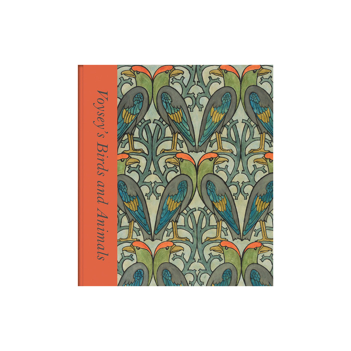 Book cover with decorative birds design and 'Voysey's Birds and Animals' text on a white background