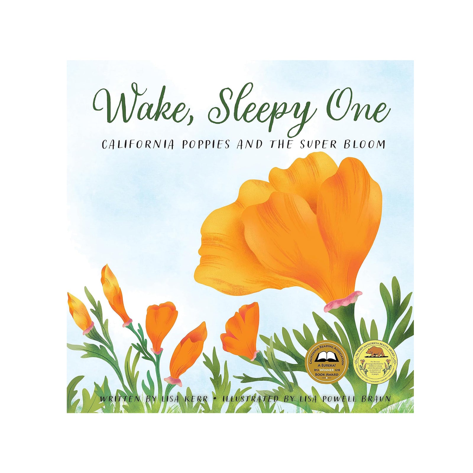 Book cover of 'Wake, Sleepy One: California Poppies and the Super Bloom' with orange poppies and green grass.