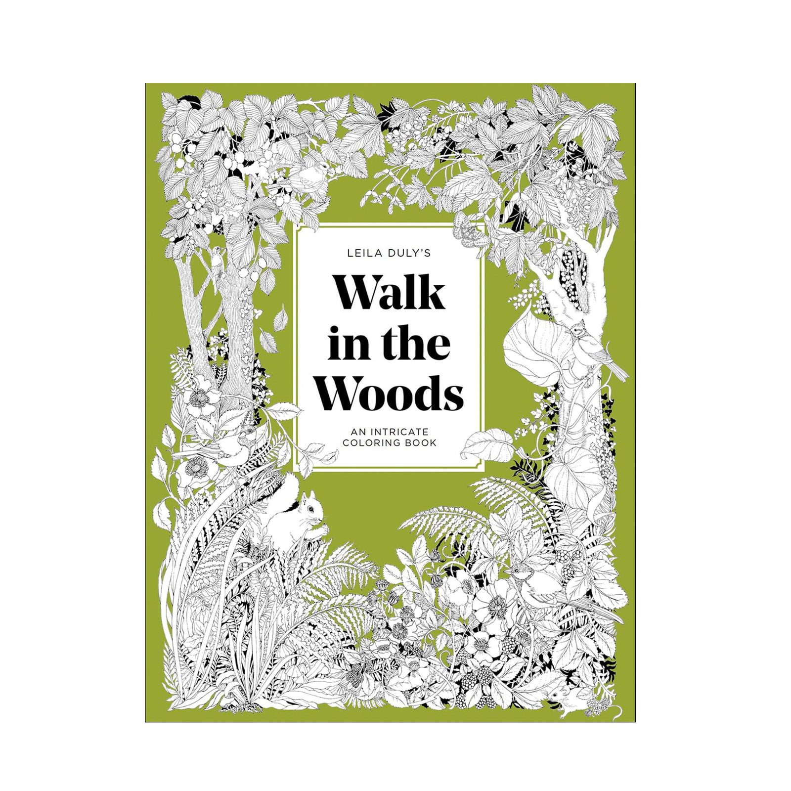 Coloring book cover titled 'Walk in the Woods' with black line art on a green background