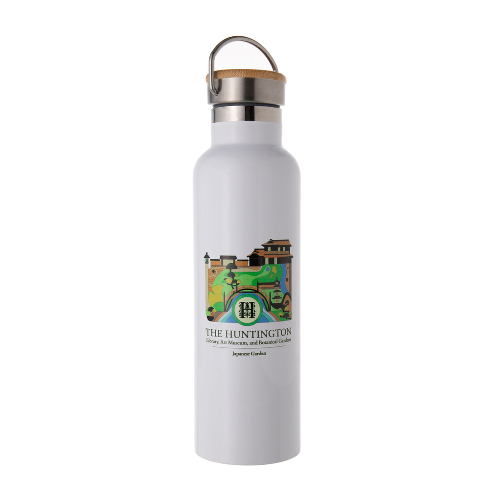 Part of a collection of products designed by students at OTIS college of Art & Design, Los Angeles. This hydration bottle features an interpretation of The Huntington's historic Japanese Garden. The double-wall, vacuum insulated Stainless-Steel construction helps maintain the temperature of your favorite drink. 20 oz. 