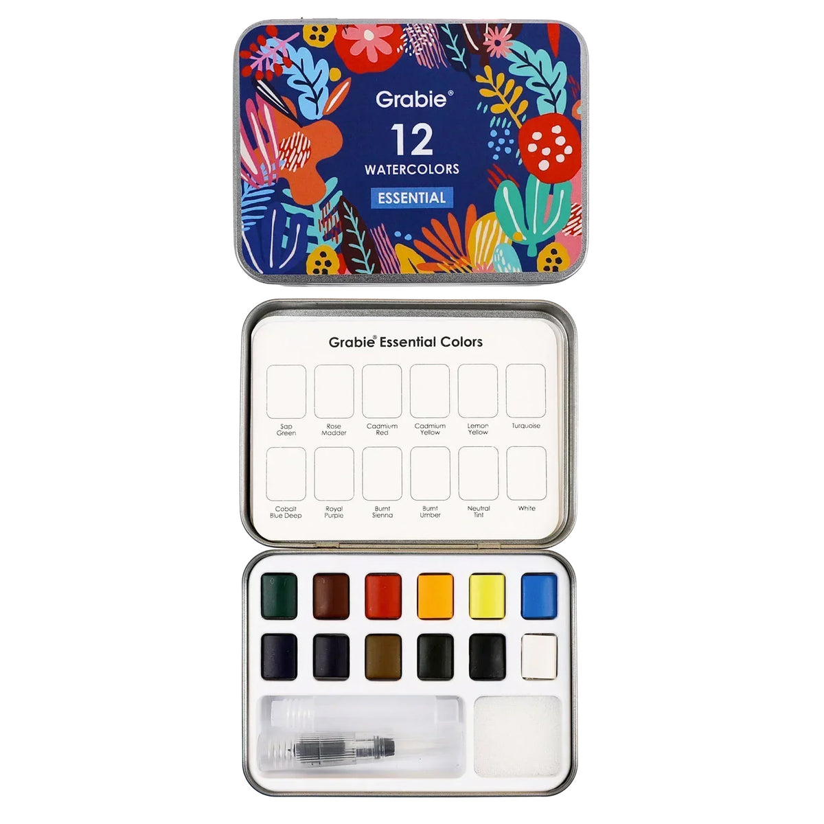 Grabie watercolor set with colorful lid and color swatches on a white background