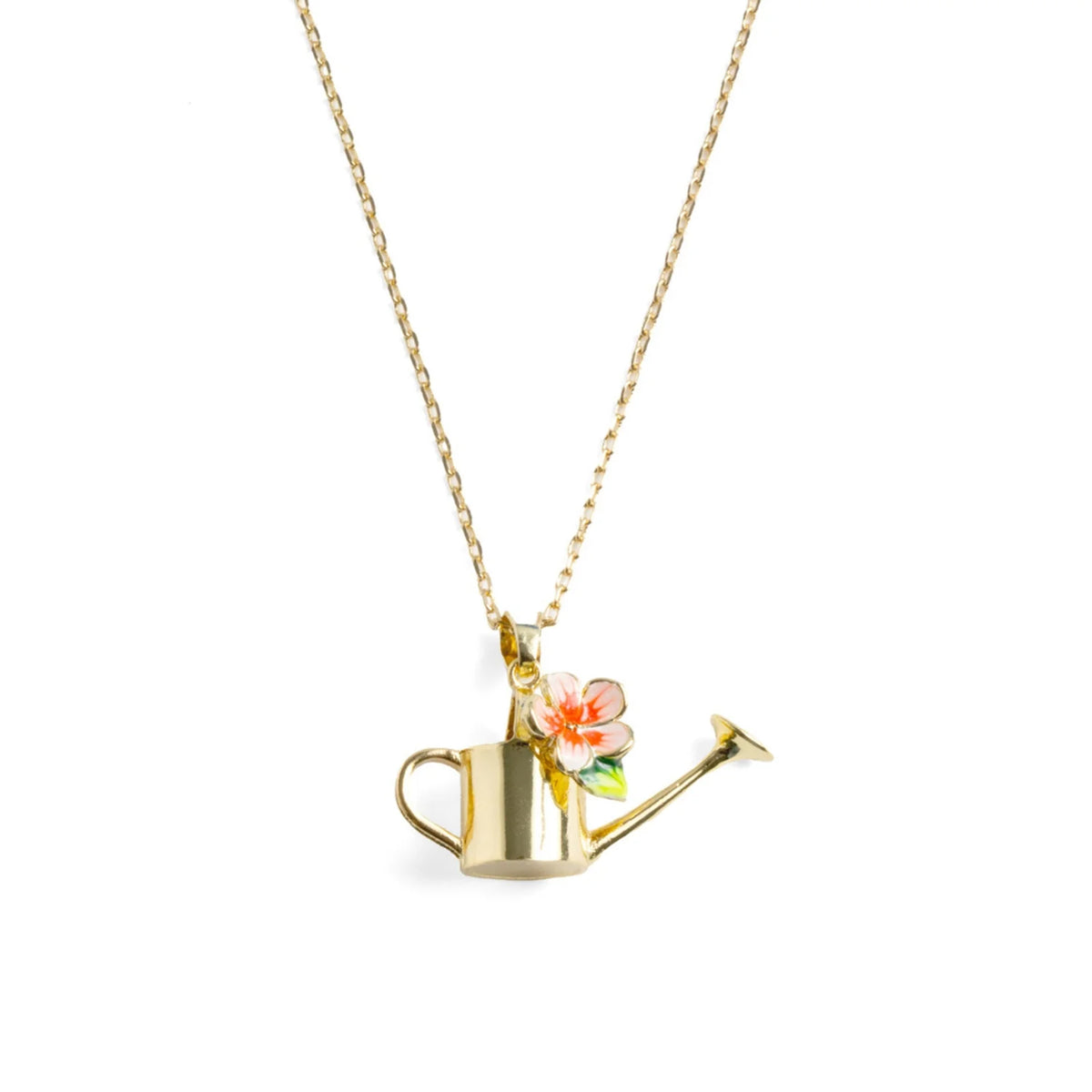 A gold chain necklace featuring a watering can pendant with a small pink and orange flower and green leaves, shown on a plain white background.