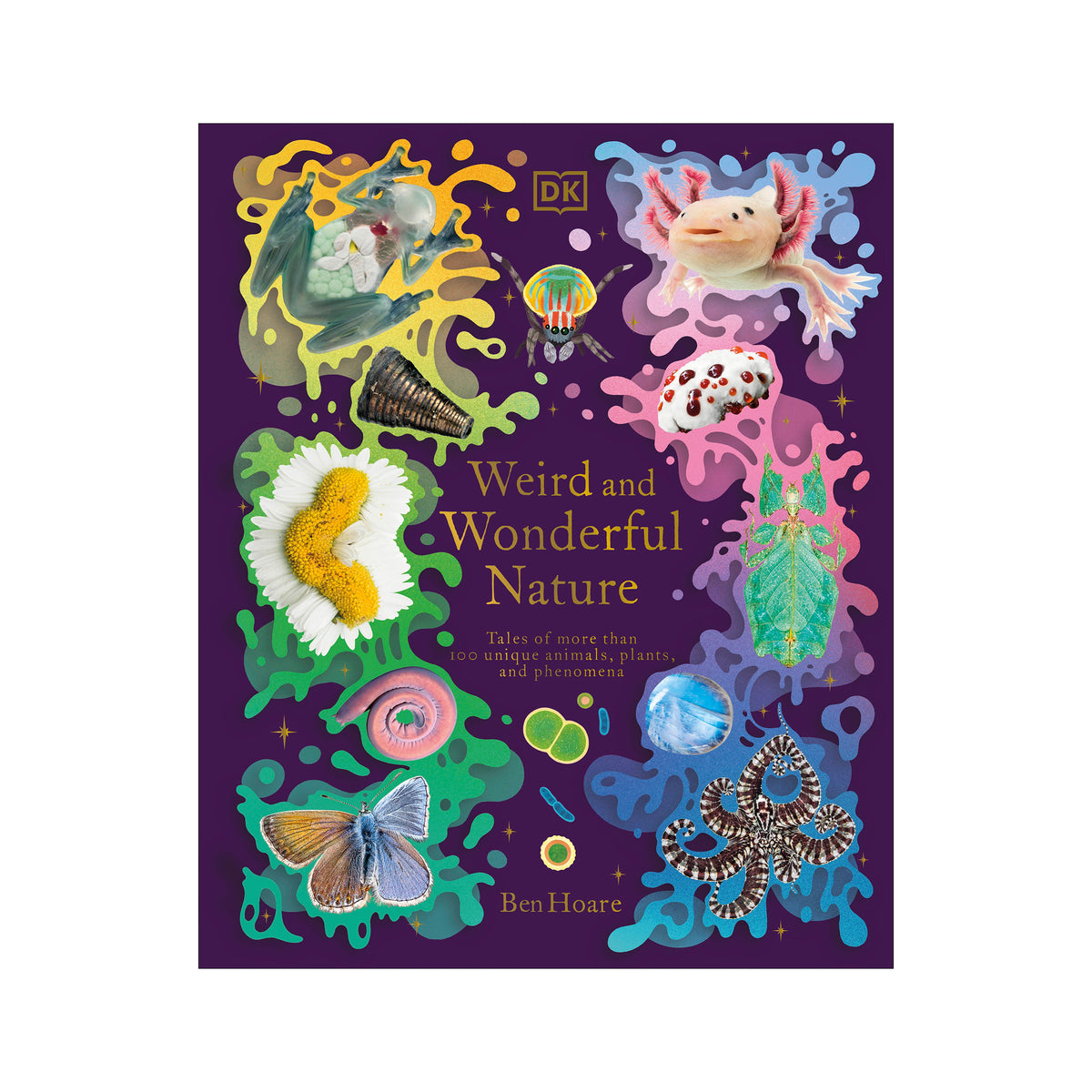 The front cover of the children's book 'Weird and Wonderful Nature' by Ben Hoare, published by DK. The cover features a vibrant purple background decorated with colorful, whimsical illustrations of nature's oddities, including a green caiman, a pink axolotl, a yellow caterpillar, and a blue octopus, with gold text.