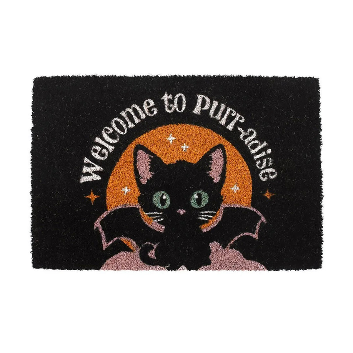 A rectangular black doormat with a Halloween-themed design featuring a black cat in front of an orange circle, with the text 'Welcome to Purr-aise' in white arched above it.