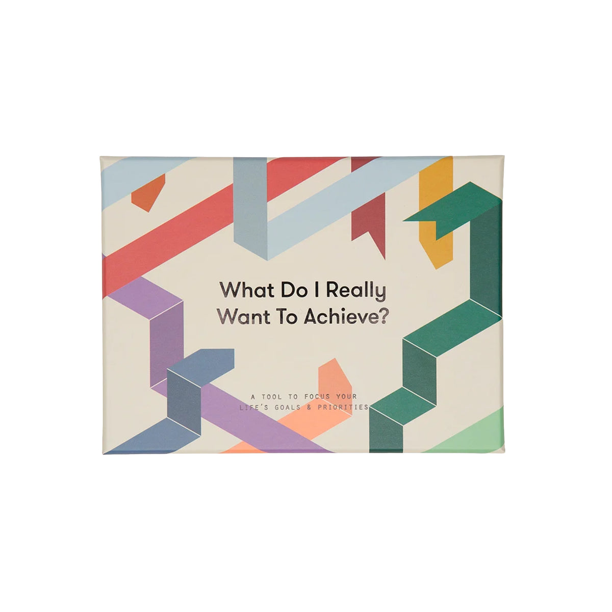 A rectangular printed box with the text 'What Do I Really Want To Achieve?' centered on a cream background, surrounded by abstract geometric shapes in coral, teal, green, purple, blue, and yellow.