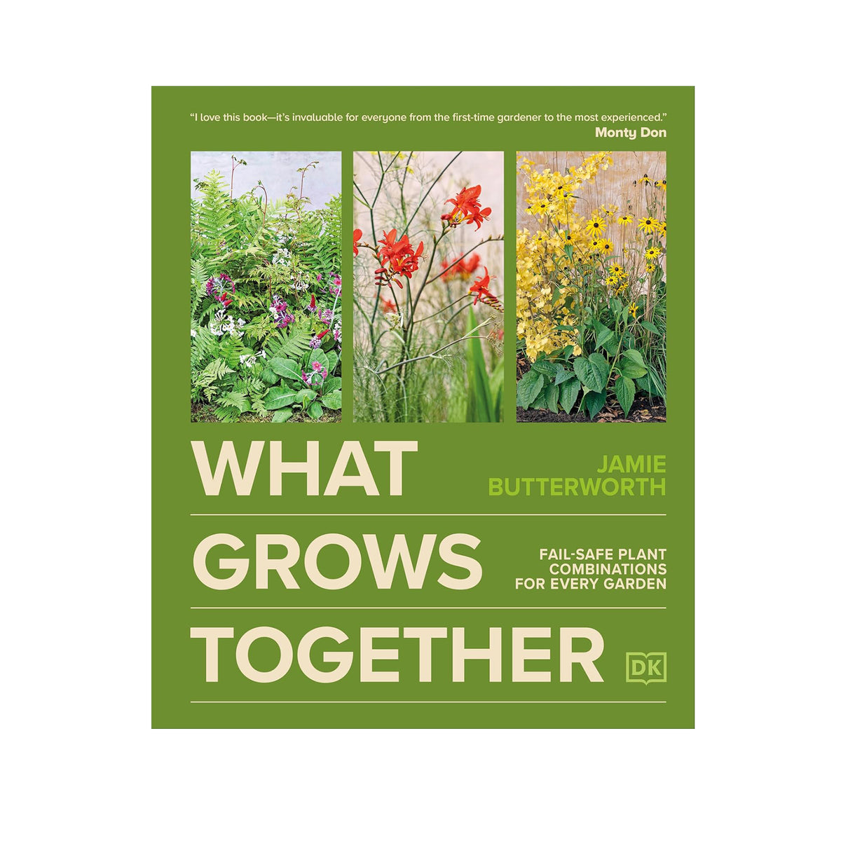 Book cover of 'What Grows Together' with images of plants on a green background