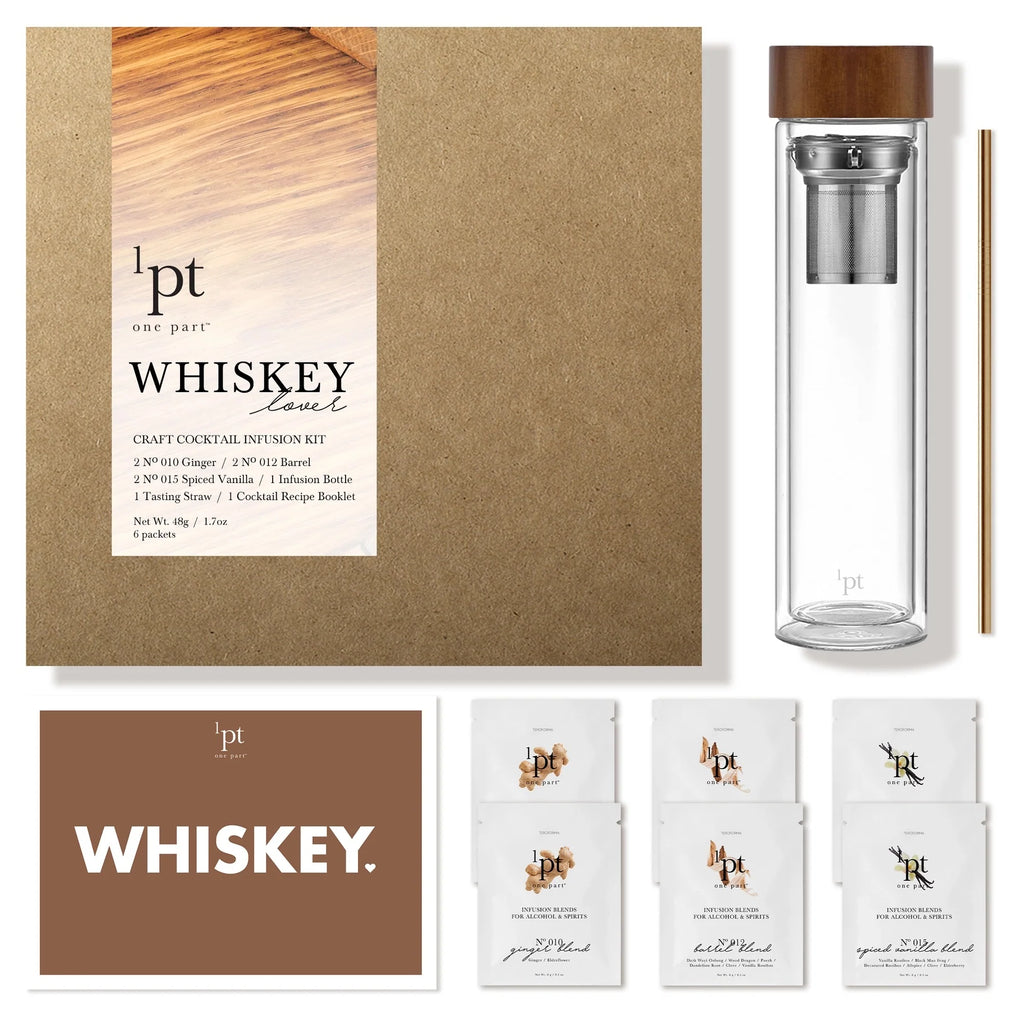 Whether buying for family and friends as a gift, or stocking up the bar at home, this Whiskey Lover Kit delivers the perfect choice for any whiskey or bourbon lover. Includes a high-durability lab glass infusion bottle and reusable, gold-finish, stainless-steel tasting straw. Infuses 36+ cocktails. Recipes included.